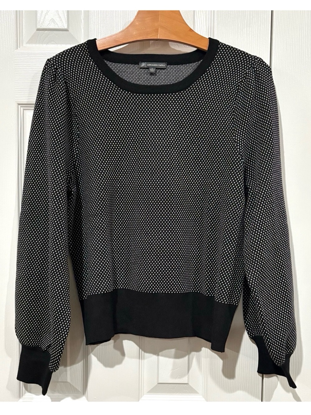 Adrianna Papell Black Bubble Sleeve Knit Sweater Dots Large